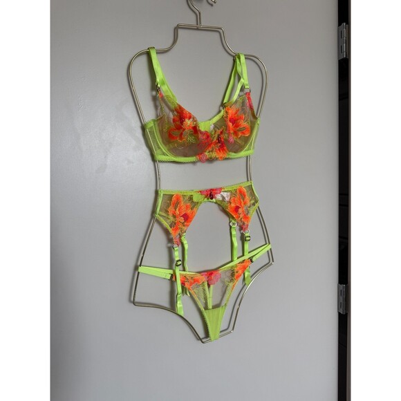 Honey Birdette Other - Honey Birdette "Christine" Neon Lime & Orange Embroiderd Lace Lingerie Set